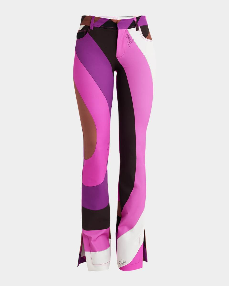 Abstract-Print Bootcut-Leg Slit-Hem Trousers